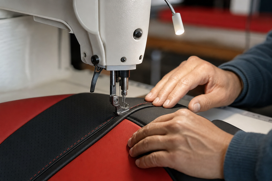 Coverking sewing a custom neoprene seat cover to order in red and black