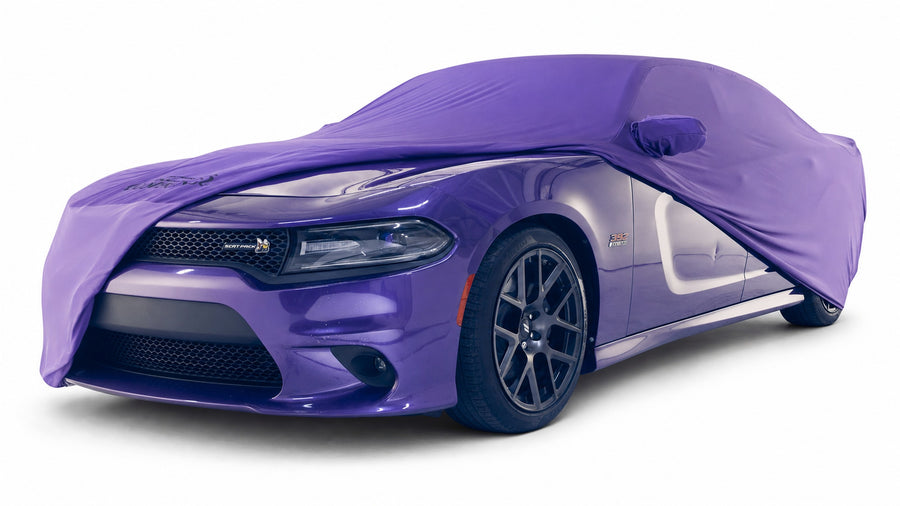 Color-matched Satin Stretch cover on purple Charger, white ground