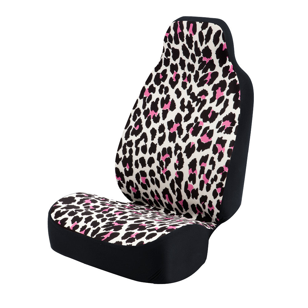 Universal Print Seat Cover (bubble gum leopard black and pink spots & white background)