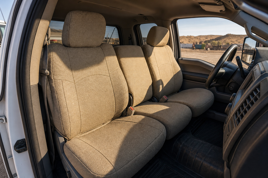 Sunlit work truck interior fitted with Coverking Ballistic seat covers