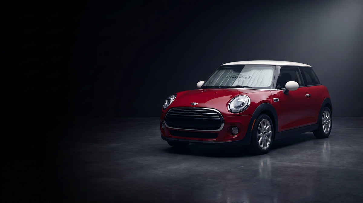 Custom windshield protection — red Mini with sunshield