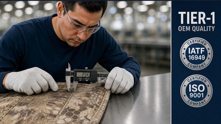 QC inspection measuring Coverking seat cover — Tier-1 OEM quality systems