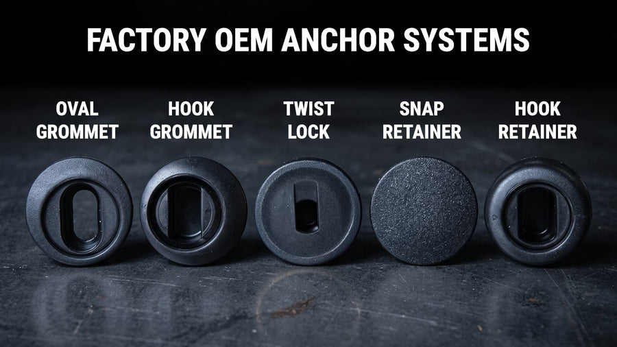 Coverking factory OEM floor mat anchor systems — oval grommet, hook grommet, twist-lock, snap retainer