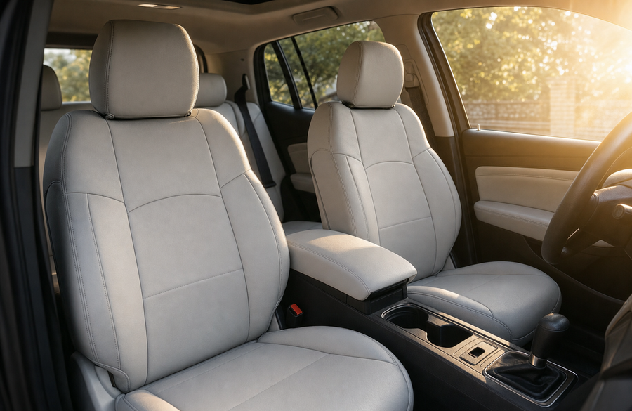 Coverking Genuine Leather seat covers lit through a windshield