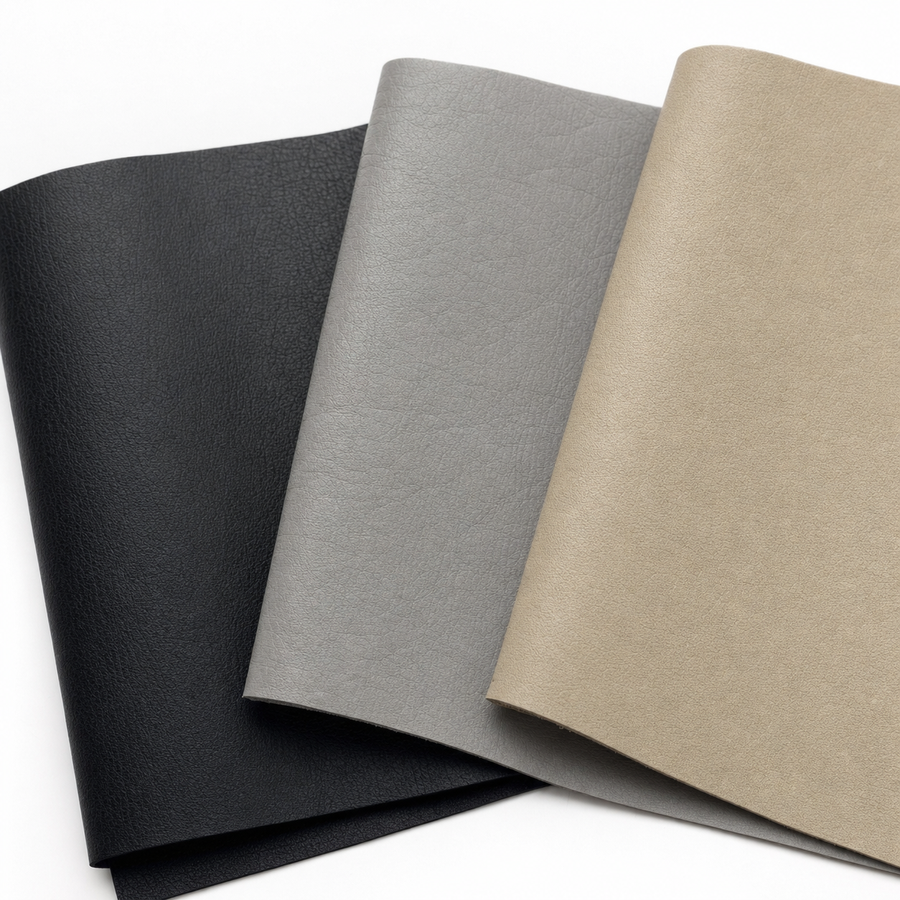 Three Coverking Genuine Leather color swatches, black gray beige
