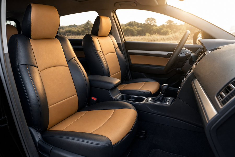 Sunlit car interior fitted with Coverking Premium Leatherette seat covers