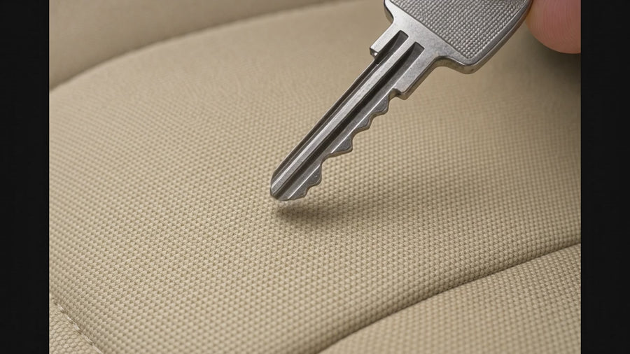 Key dragged across Coverking Ballistic seat cover fabric leaving no visible mark