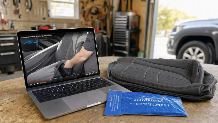 Coverking install videos on laptop with custom seat cover and installation kit