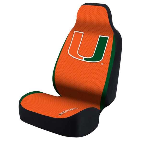Universal Seat Cover Print 1pc - Ultimate Suede - University of Miami - Orange w/ Black Interlock Backing