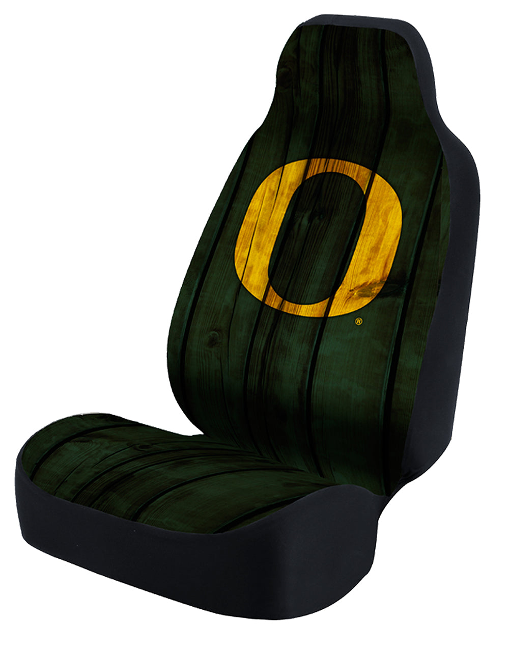 Universal Seat Cover Print 1pc - Ultimate Suede - University of Oregon - Green Distressed Wood w/ Black Interlock Backing