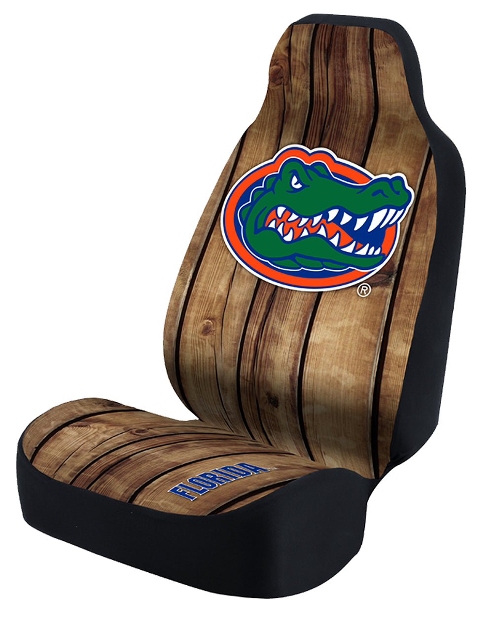 Universal Seat Cover Print 1pc - Ultimate Suede - University of Florda - Distressed Wood w/ Black Interlock Backing